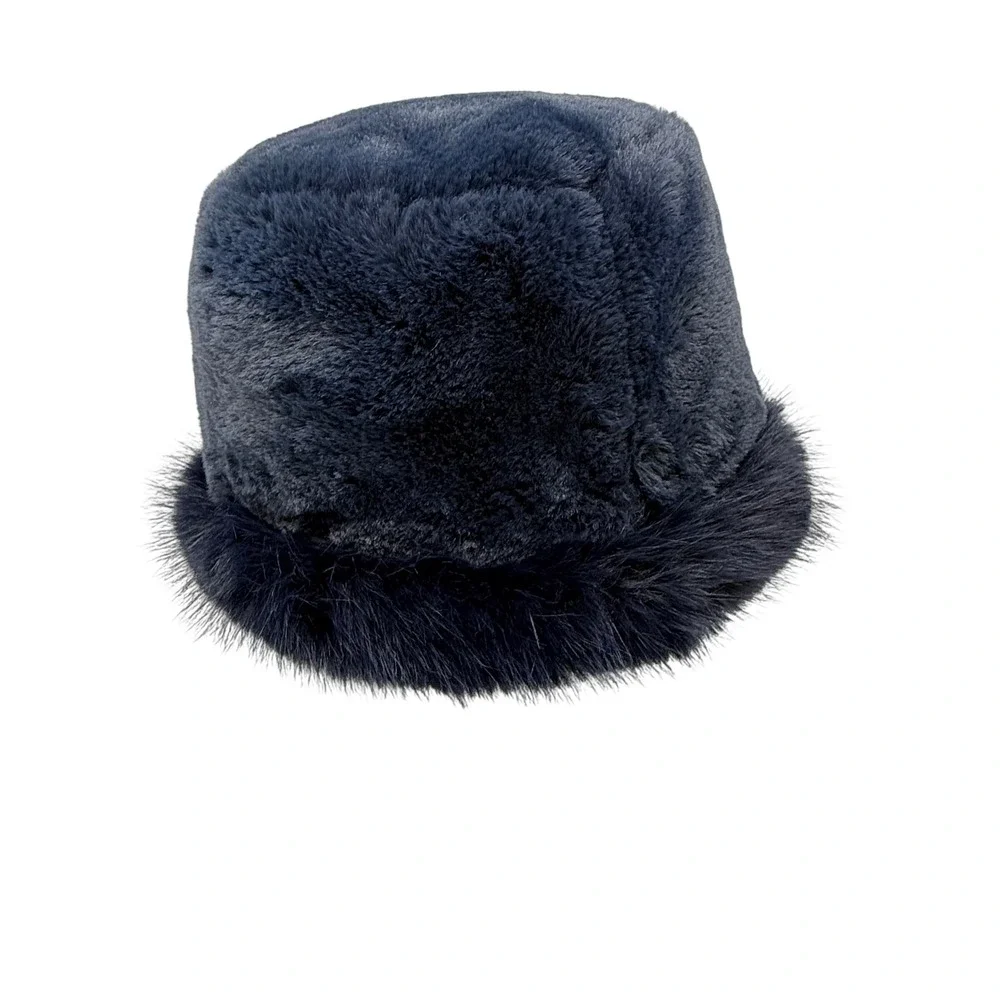 Navy Blue Faux Fur Pillbox Cloche Hat One Size Quilted Lining Winter Glam Retro